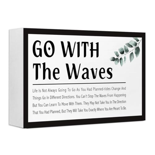 Go With the Waves Inspirational Wood Box Sign,Motivational Quote Wooden Block Sign Desk Decor for Home Office Bedroom Shelf Tabletop Decor
