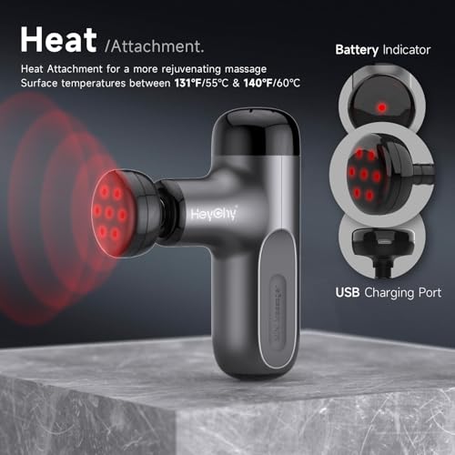 HEYCHY Mini Massage Gun with Heat, Deep Tissue Massage Gun, Portable Percussion Muscle Massager with 4 Massage Heads for Athletes