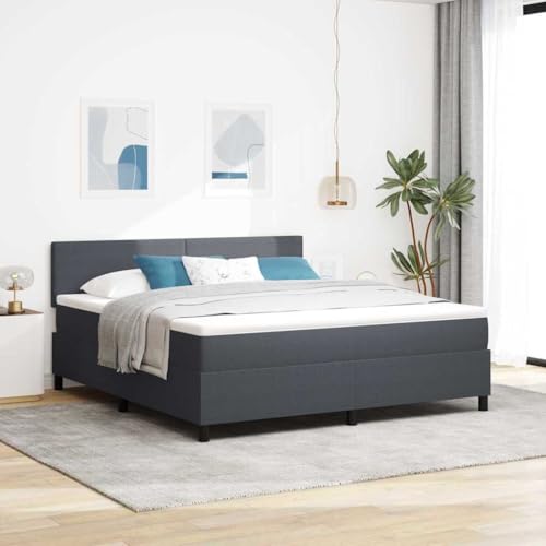 QUAHEAS - Cama de somier tapizado, 180 x 200 cm, gris oscuro y blanco, tela acanalada, cabecero ajustable, colchón de muelles ensacados, marco de madera estable, diseño moderno para dormitorio
