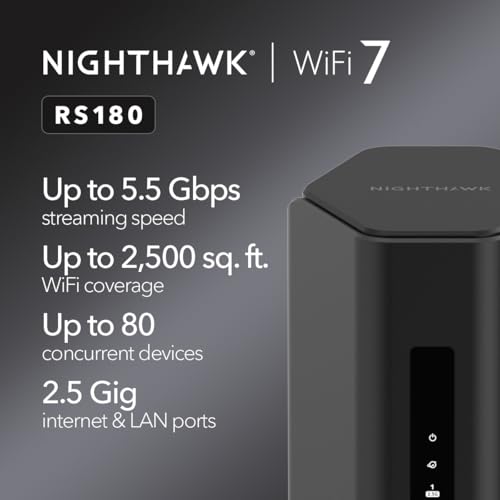 Image of NETGEAR Nighthawk Dual-Band WiFi 7 Router (RS180) - Router Only, BE5500 Wireless Speed (up to 5.5 Gbps) - Covers up to 2,500 sq. ft., 80 Devices - 2.5 Gig Internet Port - Free Expert Help