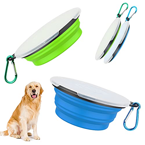 Lot de 2 gamelles de voyage pliables pour chien avec couvercle et crochet, gamelles anti-fuite, en silicone portable pour chat, chien, randonnée et camping (M, vert et bleu) Cover