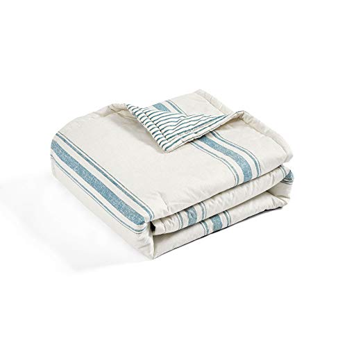 Image of Lush Decor Farmhouse Stripe Reversible Throw, Single, 50 inch W x 60 inch L, Blue - Blue Throw Blanket For Bed - Soft Blanket - Couch Throw - Rustic Farmhouse Decor