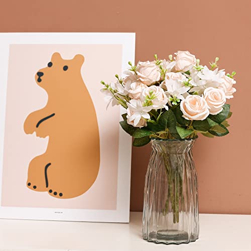 Wereves Champagne Fake Rose Silk Flowers, 4 Bunches Rose Bouquet Artificial Flowers 16 Heads Faux Rose Bridal Bouquet For Home Office Wedding Party Baby Shower Centerpieces Decoration #TOP1