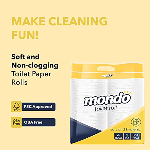 Image of Mondo Toilet Roll Tissue (2 Ply, 350 Pulls) | Pack of 4 Rolls | 100% skin safe FDA approved, OBA free | Septic-safe bath tissue | Compatible with all dispensers | Toilet Tissue Paper Roll