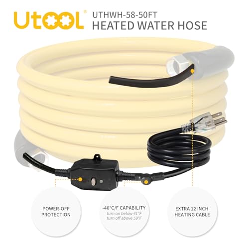 Image of UTOOL 50 FT Heated Water Hose for RV Camper with 90 Degree Elbow, NSF 372 Drinking Water Certified Garden Hose, Automatic Thermostat Antifreeze Protection to -40F, 5 /8 inch ID, 3 /4 inch GHT Adapter