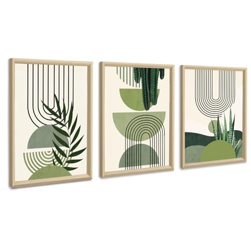 3Pcs Marco de Madera Cuadros decorativos, Planta Verde Cuadros Lienzo Decorativos Boho Verde Cuadros Decorativos Salón Dormitorio Comedor Oficina Decoración de Pared Listo para colgar 30x40cmx3