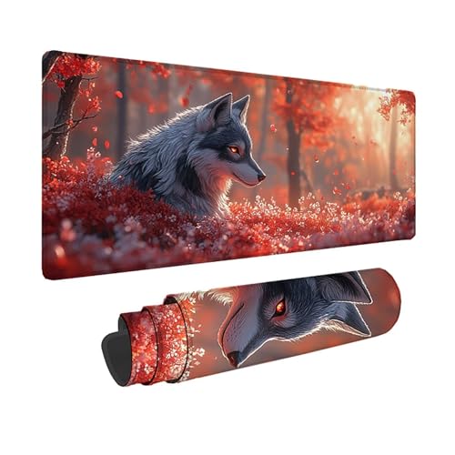 Tapis de souris XXL 150 x 80 cm tapis souris loup sous main bureau gamer rouge
