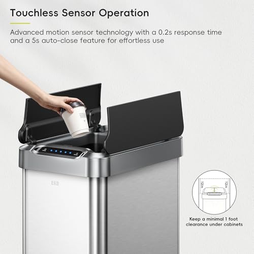 Image of EKO Phantom-T 50 Liter / 13.2 Gallon Vertical Motion Sensor Trash Can or Recycling Bin, Brushed Stainless Steel Finish