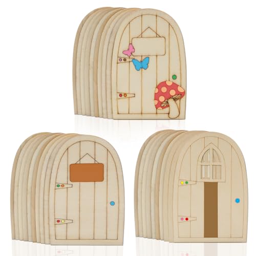 MAIXINNEW 30 Piezas de Mini Puertas de Hadas de Madera, Mini Casa de Hadas Sin Pintar, Manualidades de Madera para Pintar Niños, Fiesta de CumpleaÑos, DecoraciÓn de Navidad (3 Estilos)