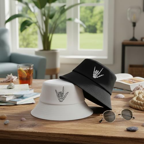 Image of 2 Pack Skull Bucket Hat for Men Women, Cotton Skeleton Hand Fisherman Hat, Foldable Black White Summer Travel Sun Hat