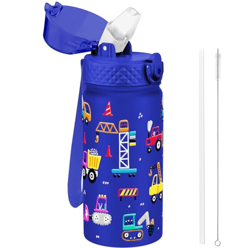 GOPPUS 420ml/14oz Kids Insulated Water Bottle with Straw Cute Double Wall Stainless Steel Child's Small Flask Vacuum Insulated Steel Metal Leak Proof Drink Flask Boys Toddler Girls Bottles BPA-Free