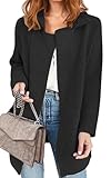 ECOWISH Women Open Front Cardigan: Fall Winter Long Sleeve Collared Midi Length Knit Sweater Casual Solid Coats with Pockets 410 Black S