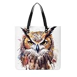 Watercolor Cool Owl Head Leather Tote Bag Soft Handbag Vintage Shoulder Purses Fashion Top Handle Bag Large Capacity