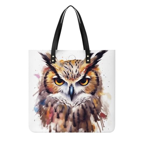 Watercolor Cool Owl Head Leather Tote Bag Soft Handbag Vintage Shoulder Purses Fashion Top Handle Bag Large Capacity