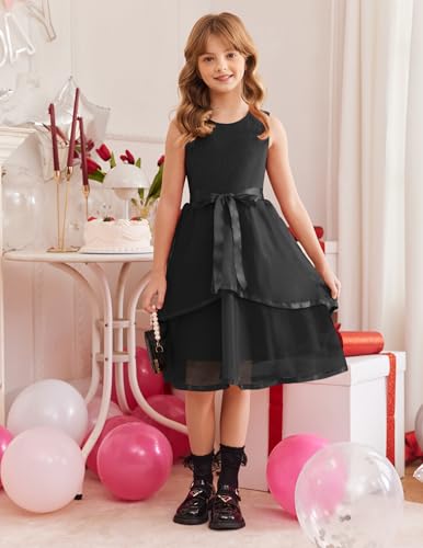 Arshiner Girls Dress Formal Party Fluffy Tulle Sleeveless Belted Dresses Size 3-11Y2