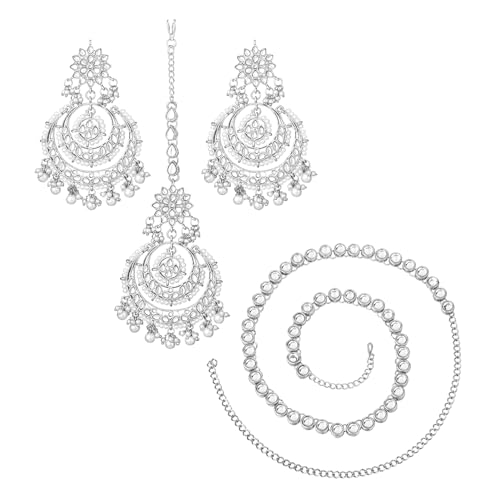 Image of Peora Traditional Jewellery Rhodium Kundan & Pearl Maang Tikka Earring Set for Women Girls