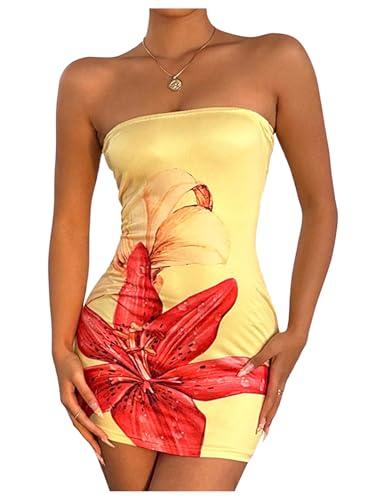Image of WDIRARA Women's Floral Print Mini Tube Dress Summer Strapless Sleeveless Bodycon Dresses