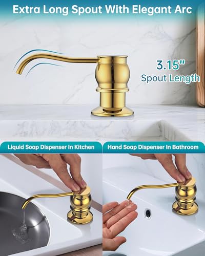 Image of Built in Deck Mount Liquid Lotion Kitchen Countertop Metal Soap Dispenser, Gold Brass Dispenser Pump with 500ml (17oz) High Capacity Bottle