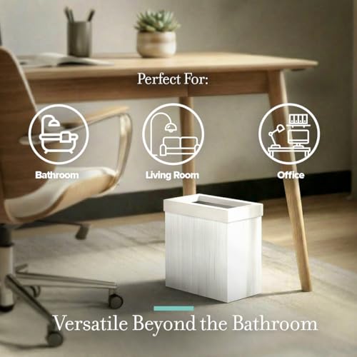 Image of Gatco Small Bathroom Trash Can with Lid, Rectangle 3 Gallon Wastebasket, Under Sink, White Oak with Matte White, for Bathroom, Bedroom, Office (1943W)