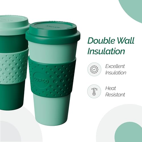 Copco Acadia 16oz Travel Mug with Lid, Set of 2 Double Wall Insulated Tumbler, Non-Slip Sleeve and BPA-Free - Microwave & Dishwasher Safe, Reusable Plastic To Go Travel Coffee Mug (Green)
