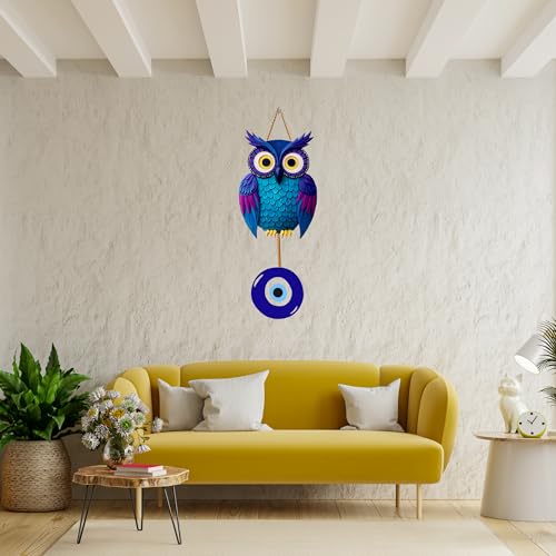 Image of GENXTRA Blue Owl with Evil Eye Charm - MDF Home Wall Decor MDF Wall Hanging Signs for Home Entrance, Drawing Room, or Balcony | Decorative Plaques for Housewarming (HOME 06)