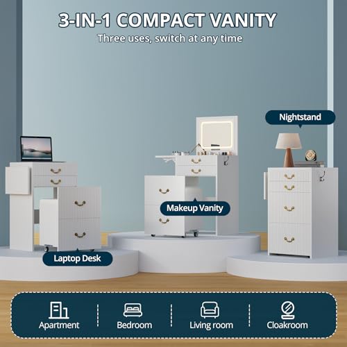 Image of FURSUN 3-in-1 Vanity with Flip Mirror & Lights, Fluted Compact Vanity Table with 3 Drawers, Storage Compartment and Rolling Stool, Modern Small Makeup Vanity for Bedroom, Powder Room, Solid White