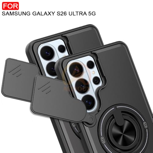 Image of Samsung Galaxy S26 Ultra 5G Back Cover | Armor Camera Slider 360 Degree Rotating Finger Ring Holder Case with Bracket Stand Back Case Cover (Compatible with MagSafe Accessories) (Black)
