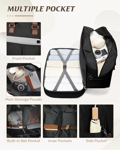 Image of Travel Duffle Bags for Women Men Expandable Personal Item Travel Bags Lightweight Weekender Overnight Carry on Bag for Airplanes Sport Gym Tote Ladies Beach Luggage Bag Black Brown