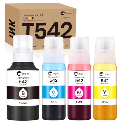 Hiipoo 542 Pigment Ink Refill Bottle ET-5850 ET-5880 ET-5170 ET-16600 ET-16650 ST-C8000 Printers Replacement for 542 Ink Refill Bottles for ET-5850 Upgrade Version (4 Pack)