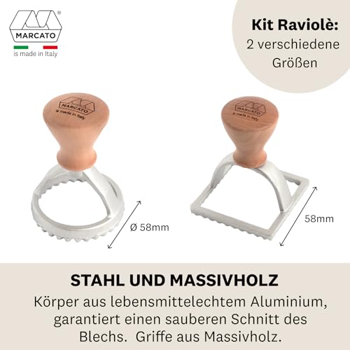 Foto von Marcato Ravioli- und Keks-Ausstechset, Ravioli-Macher, Keks-Ausstecher, Massivholz und Gusseisen, Hergestellt in Italien, 58 mm runde Prägung + 58 mm quadratische Prägung. Modell: Raviolè