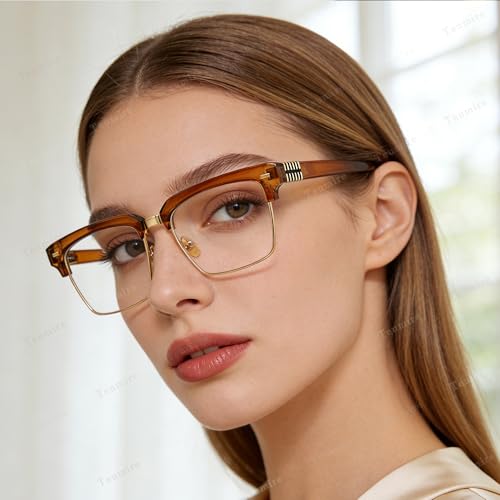 Image of Semi Rimless Rectangle Blue Light Glasses Men Women Black Square Eyewear