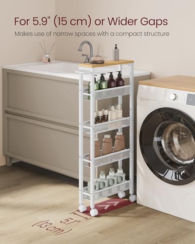 Image of VASAGLE Slim Rolling Cart, 5-Tier Storage Cart, Narrow Cart with Handle, 5.1 Inches Deep, Metal Frame, for Kitchen, Dining Room, Living Room, Home Office, Oak Beige and Classic White ULRC034W09