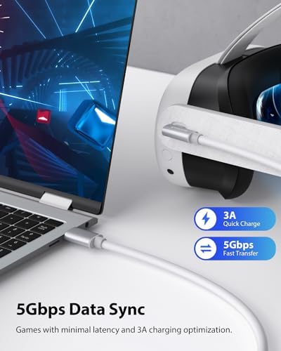 Kabel łączący 5 m, kompatybilny z Meta/Oculus Quest2/Pro PICO 4 akcesoriami i PC Steam VR, Stouchi Virtual Reality Head, szybki transfer danych z komputera, kabel USB 3.0 na USB C do komputera gamingowego