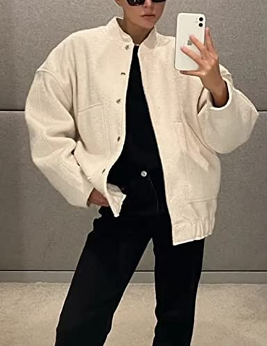 Lumister Women's Wool Blend Streetwear Bomber Jacket Button Closure Stand-Collar Shacket Oversized Varsity Jacket2