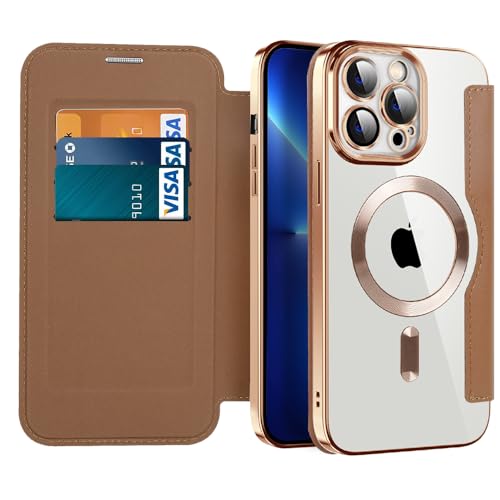 IMIRST Magnetic Case for iPhone 13 Pro Max, [Compatible with MagSafe] Premium Flip Leather Card Holder with RFID Blocking Clear Shockproof Phone Case Cover for Apple iPhone 13 Pro Max, WD Brown