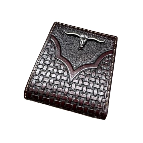 Men’s Short Leather Wallet – Hand Tooled Bifold with Raised Longhorn Concho – Compact Cowboy Wallet for Ranchers, Rodeo Fans & Western Gifts