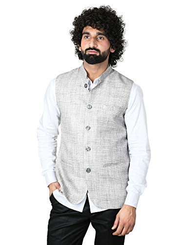 Image of Amogue Men's Cotton Grey Checks Nehru Jacket