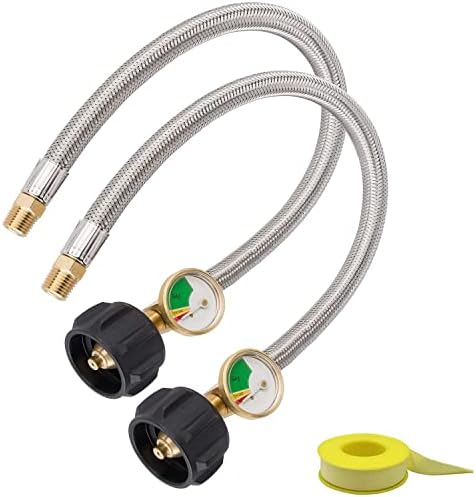 BlueStars 2-Pack 15-Inch Steel RV Pigtail Propane Hose - Male NPT Thread, Includes Gauge