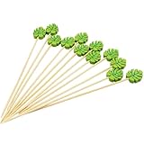 Hitefu 100 Pcs Green Monstera Leaf Cocktail Picks, 5" Bamboo Appetizer Skewers for Tropical Parties & Fruit Garnish