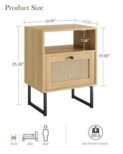 Image of Masupu Extra Large Rattan Nightstand,Modern Boho Farmhouse Wood Bedside Table with Storage Drawer and Open Shelf, Black Frame Side End Table for Bedroom,Living Room,Office (Natural)