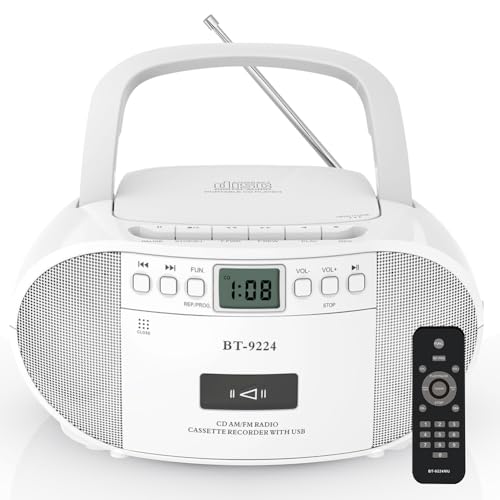 Boombox portatile Bluetooth con lettore CD, cassette, radio AM/FM, telecomando, batteria o alimentazione CA per intrattenimento musicale domestico e all'aperto