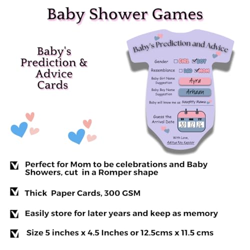 Image of Pack of 20, Baby Shower Decoration Items Gift Cards for Games Wishes Name Suggestion cards, Shape Cut, 5 X 4.5 Inches, Purple