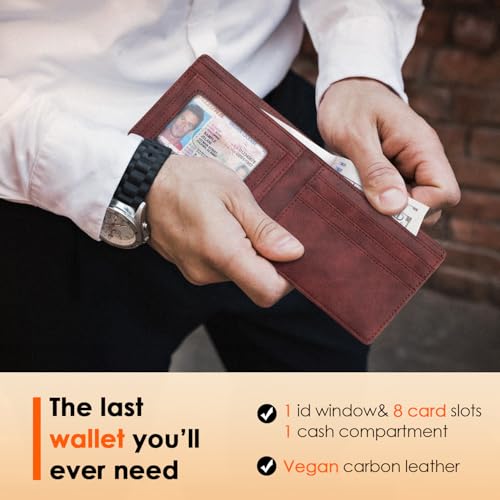 Image of RUNBOX Wallet for Men Slim Leather Bifold RFID Blocking Minimalist Front Pocket Design with Gift Box | Minimalist Front Pocket Design, Holds 8 Cards, RFID Protection, Gifts for Men on Birthdays, Father's Day, and Christmas
