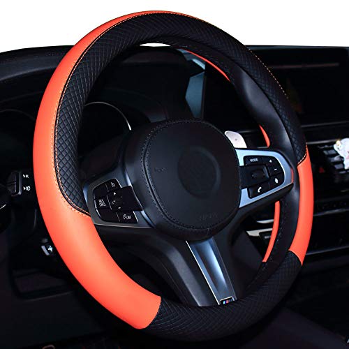 Shiawasena Car Steering Wheel Cover, Leather, Universal 15 Inch Fit, Anti-Slip & Odor-Free (Black&Orange) #TOP1