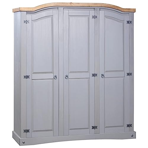 KOIECETA Armario de madera de pino estilo México, armario para dormitorio, armario de madera (gris, 3 puertas)