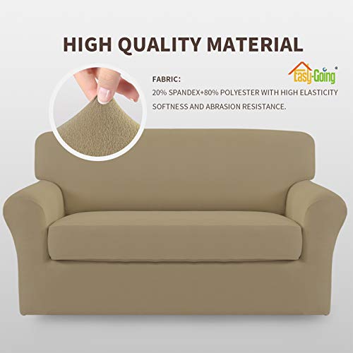 Image of Easy-Going 2 Pieces Stretch Loveseat Couch Sofa Slipcover Washable | Spandex Soft Fitted Sofa Couch Cover for Sofa Furniture Protector with Bottom Kids,Pet Dog Tan