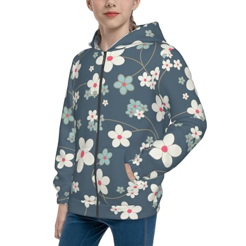 Blue Flower Kids Pullover Hoodies Boys Zip Up Sweatshirts Girls Athletic Clothes with Pocket