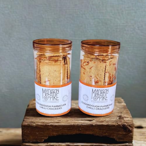Image of Madison & Pike Sourdough Parmesan Chilli Crackers - Pack of 2 (460 g) | Bold, Cheesy & Spicy Artisan Crackers | Tangy Probiotic Snack | Crispy Gourmet Savory Treat