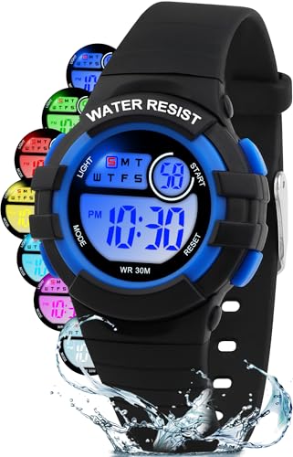 Ayybboo Kinderuhr Digital für Jungen Mädchen ab 4-15 Jahre,3 ATM Wasserdicht Armbanduhr Kinder mit 7-Farben LED,Digitaluhr Kinder mit Wecker,Stoppuhr,12/24H（Schwarz-blau）