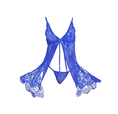 Women's Eyelashes Sling Lace Nightdress Sexy See Through Deep V Chemise Thong Breathable Temptation Mesh Homedrees (Blue,Medium)